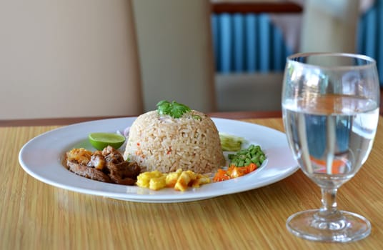 Mixed cooked rice with shrimp paste sauce and fresh vegetable, Thai cuisine