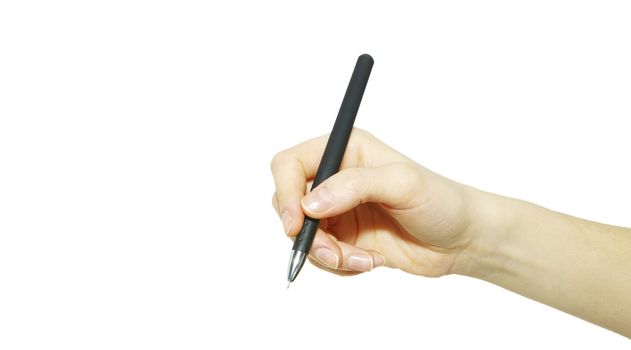 pen in woman hand isolated on white background 