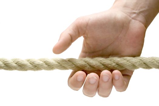 Female hand grabbing a rope. Isolated on a white background.
