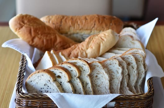 Arrangement of bread in basket on table