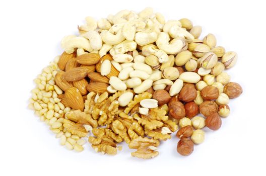 Assorted mixed nuts on white background