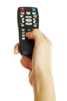 remote control in hand isolated on white background