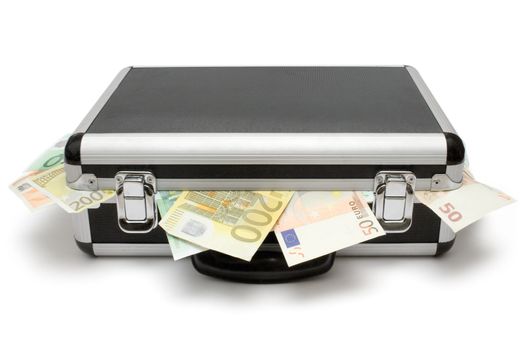 Suitcase full of Euro bills. Isolated on a white background.