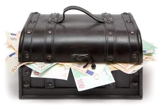 Brown leather case filled with various Euro bills. Isolated on a white background.