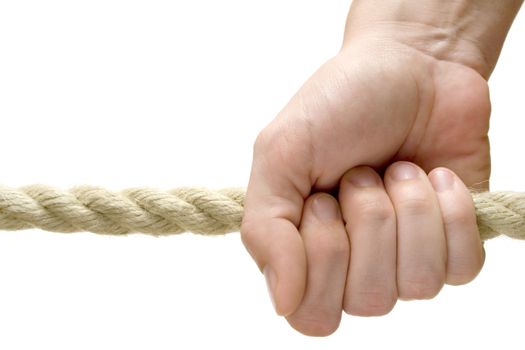 Female fingers holding a rope. Isolated on a white background.