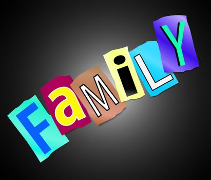 Illustration depicting cutout printed letters arranged to form the word family.