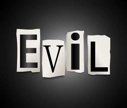 Illustration depicting cutout printed letters arranged to form the word evil.