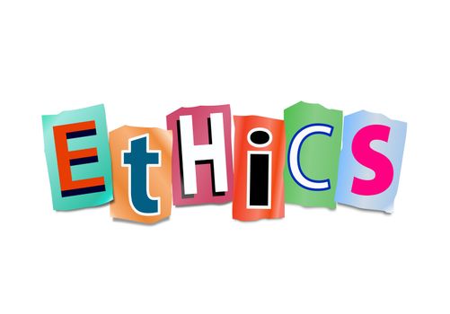 Illustration depicting cutout printed letters arranged to form the word ethics.