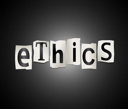 Illustration depicting cutout printed letters arranged to form the word ethics.