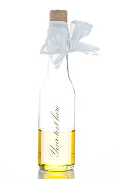 A bottle with olive oil on white background with a area for you text