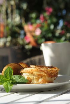 Sweet cakes and beautiful rich decorated summer terrace    