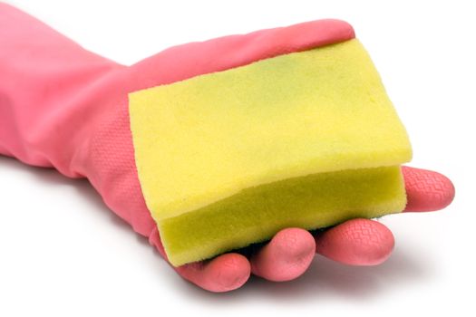 Pink gloves and a yellow cleaning sponge isolated on a white background.