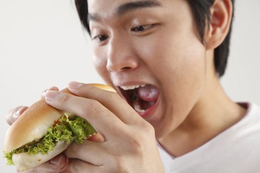 man eating burger on the white background