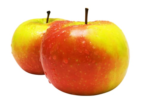 Raindrops on two colorful apples on a white background. Clipping path included.