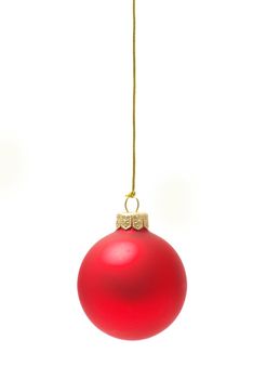 Christmas ball hanging with ribbons on white background