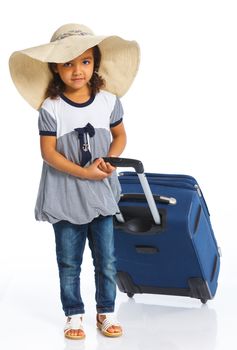 The young mulatto traveler girl with hat and a suitcase. Isolated over white background. Vertical view