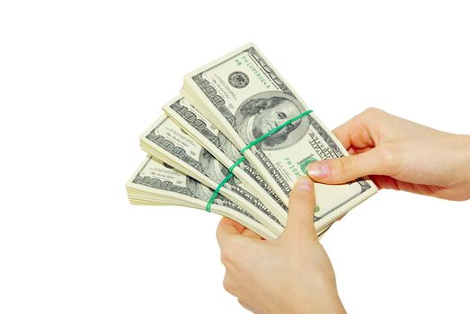 Hand with money isolated on white background