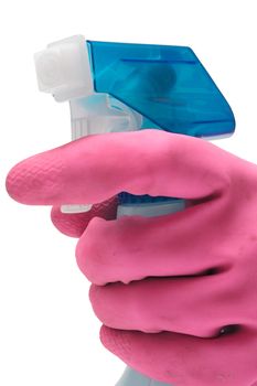 Person in pink washing-up gloves holding a spray bottle. Isolated on a white background.