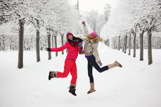 two women walk by winter alley snow trees on background