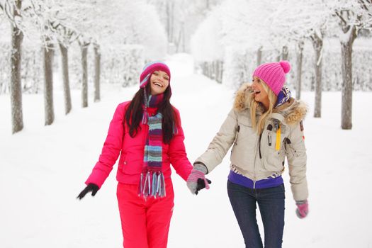 two women walk by winter alley snow trees on background