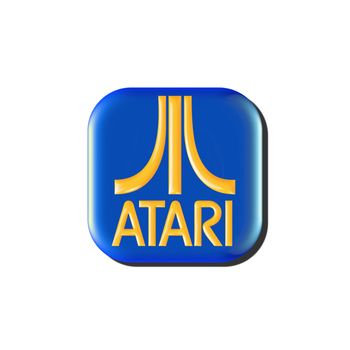 ATARI logo on tridimensional glossy yellow and blue on a white background. The original Atari, Inc. was founded in 1972 by Nolan Bushnell and Ted Dabney. It was a pioneer in arcade games, home video game consoles, and home computers.