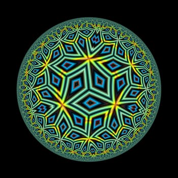 An abstract circular illustration with an abstract pattern done in shades of green orange, blue, and black.