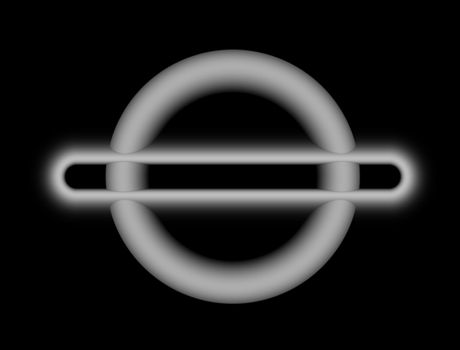 A circular illustration with a central motif of a line bisecting the circle. It is floating on a black background.