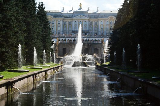 Hundreds of fountains and golden statues surround Peter's Palace- Rusias answer to Versailles.
Built between 1709 and 1724 by over 5000 soldiers and slaves was distreyed in the 50's rebuilt from 
photographs and maps 
My other pictures of Saint Petersburg.