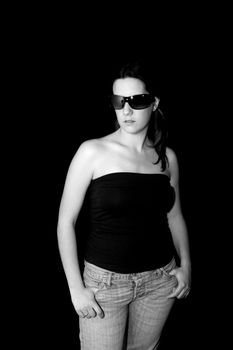 girl fashion glasses over black background