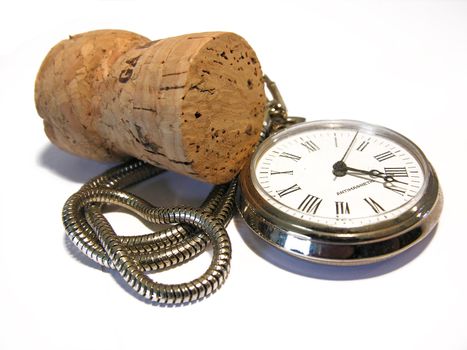 wine cork with antique watch isolated in white