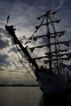 Tallship in dock on sunset in Portugal