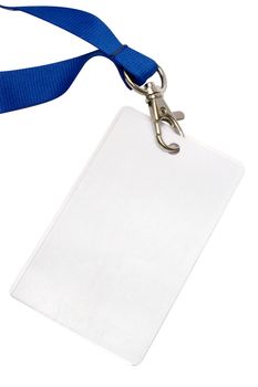 Blank card attached to a blue strap. Isolated on a white background. File contains clipping path.