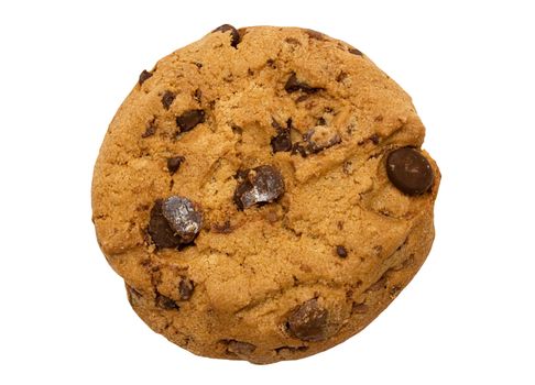 Single chocolate chip cookie isolated on a white background. File contains clipping path.