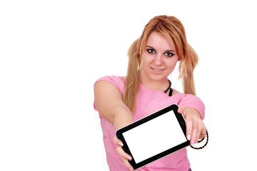 beautiful girl with tablet pc posing