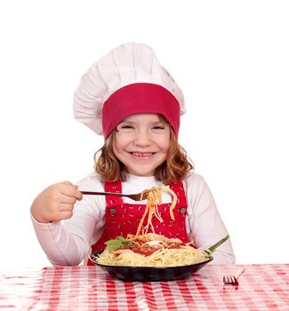 hungry little girl cook eat spaghetti