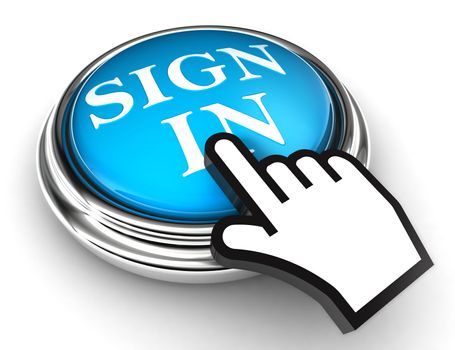 sign in blue concept button and hand on white background. clipping paths included