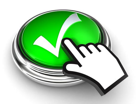 ok tick check mark symbol on green button with cursor hand on white background. clipping paths included