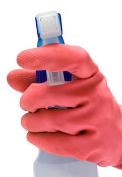 Person in washing-up gloves spraying. Isolated on a white background.