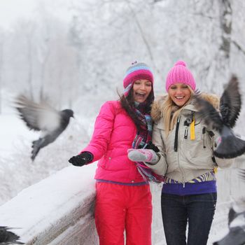 winter women give food to the pigeon