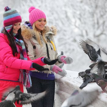 winter women give food to the pigeon