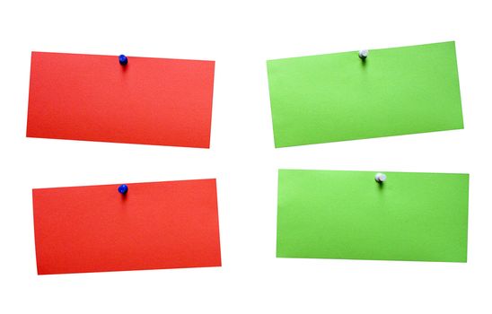 Green and red blank notes isolated on a white background. File contains clipping path.