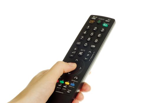 remote control in hand isolated on white background