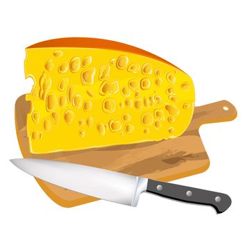 Natural swiss dairy cheese and knife on a wooden board