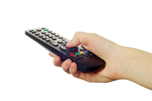 remote control in hand isolated on white background