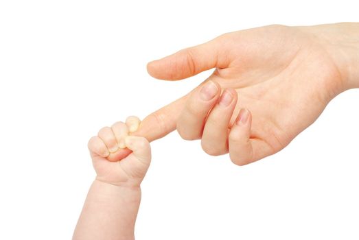 Baby hand holding mother finger isolated on white