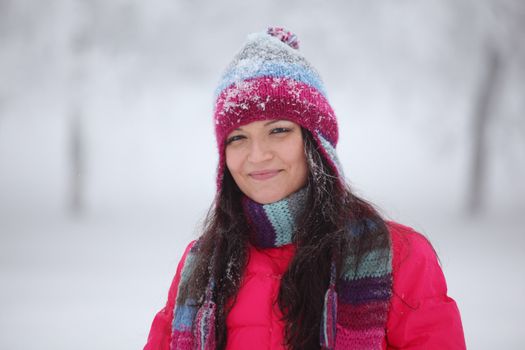 winter women close up portrait in frost forest