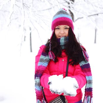 winter women close up portrait in frost forest