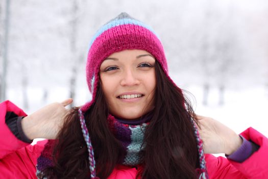 winter women close up portrait in frost forest