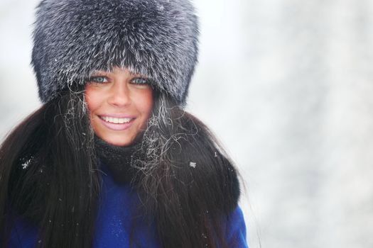 winter women close up portrait in frost forest