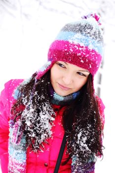 winter women close up portrait in frost forest